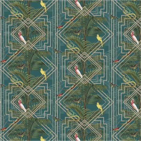 Holden Decor Akello Turquoise Premium Wallpaper Geometric Gold Pattern Jungle (1/4)