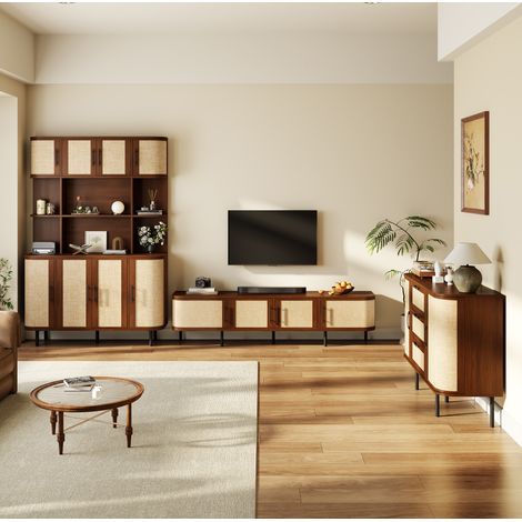 Ensemble de meubles de salon 3 pièces avec meuble TV 180 cm, buffet et colonne, MDF noyer, pieds métal (1/5)