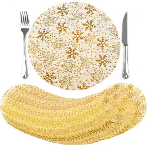 Lot de 50 Sets de Table Jetables Doré Ronde, 33cm Dessous de Table Flocons de Neige en Maille Métallique Pressée, Dessous Assiette pour Noël, Réunions Familiales Mariages, Décoration de Table (1/5)