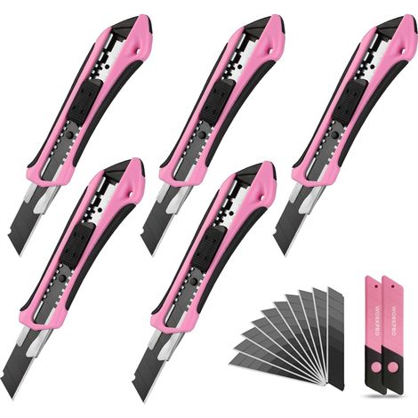 WORKPRO Lot de 5 Cutters Professionnels, Couteau Utilitaire Rétractable 18mm, Chariot en Acier Inox, Couteau de Graphique, 20 Lames Sécable en SK5 de Rechanges Compris, Rose Noir (1/5)