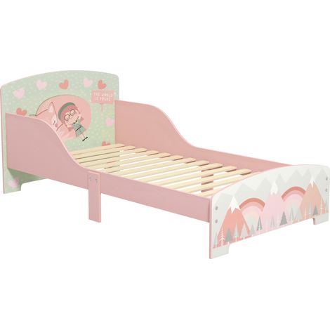 Cama infantil para niños de 3 a 6 años con barandillas de seguridad y estampados. 77 x 143 x 60 cm, incluye somier de láminas - rosa
