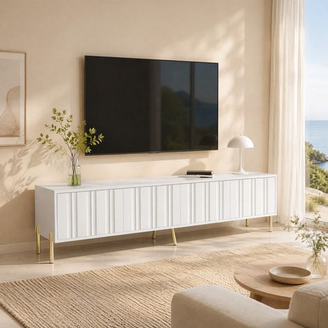 TV-Möbel 190 x 38 x 48 cm Weiß mit 4 Türen, goldenen Füßen und Rillendesign HAVRYA (1/5)