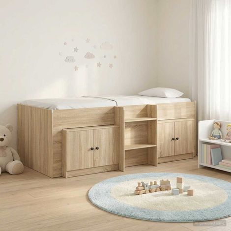 vidaXL Cadre de lit en loft avec armoire avec porte 3 pc Chêne Sonoma (1/5)