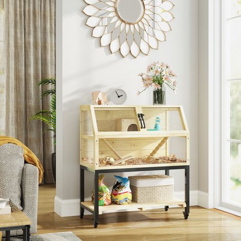 Cage naturelle pour hamster nain 87x43x101 cm avec étagère, abreuvoir, cabane, balançoire, roue et rampes en bois