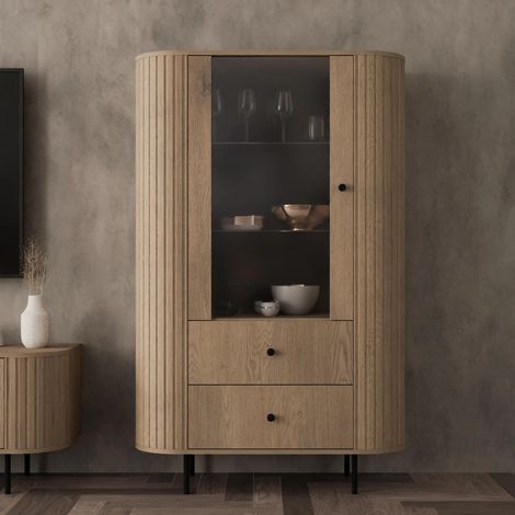AX LIVING Vitrine Halay Eiche Cremona, 1 Tür & 2 Schubladen Moderne Rillenstruktur, mit runden Kanten