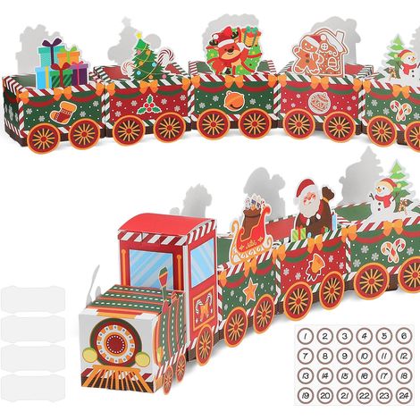 Lot de 24 boîtes cadeaux en forme de train pour calendrier de l'Avent de Noël, avec autocollants numérotés et clips de connexion, boîte à bonbons, cadeau DIY pour enfants, boîte cadeau festive (1/5)