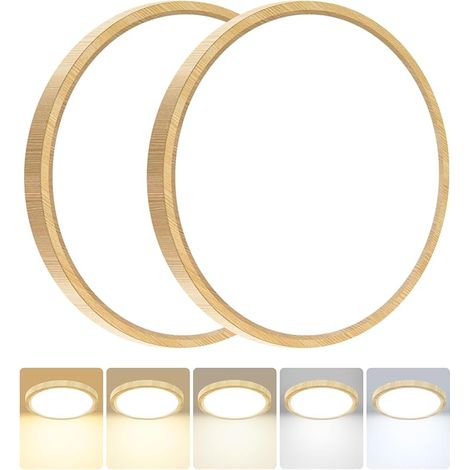 Lot de 2 Plafonnier LED, 24W 2800LM Luminaire Plafonnier Salle de Bain, IP54 Etanche & 5 Couleurs(3000K/3500K/4000K/5000K/6500K), Lampe Plafond Rond pour Cuisine, Chambre,Ø30CM Bois (1/5)