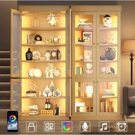 Armario alto 160x40x180 cm, LED multicolor regulable, con 2 sistemas antivuelco, MDF y vidrio, madera natural (1/5)