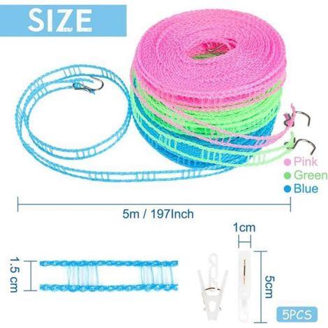 Corde à Linge, Lot de 3 Coupe Vent Nylon Ligne de Blanchisserie 5M avec 5 Pinces à Linge, Longueur Réglable, Corde à Linge Portable (1/4)