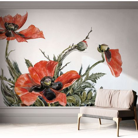 Papier peint adhésif avec colle pour décoration moderne de salon chambre à coucher cuisine et bureau Facile Coquelicots rouges 312x219 cm (1/5)