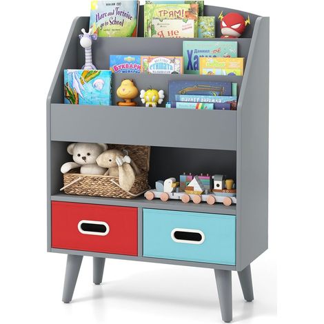 GOPLUS Bibliothèque Enfant, Étagère Enfant à 3 Niveaux avec 2 Tiroirs Pliables, Organisateur de Livres Jouets avec Anti-Basculement, Meuble de Rangment pour Chambre d'enfants, Crèche (Gris) (1/5)