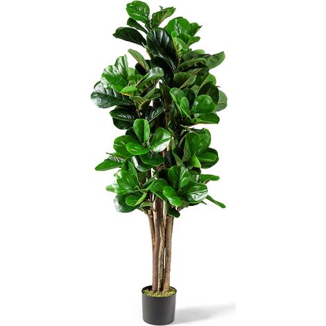 GOPLUS 1,5 M Figuier Artificiel de Feuille de Violon Realiste avec Pot en PP Souple, Arbre Artificiel en PEVA avec Tronc de Bois Melange, Decoration dans Salon, Bureau, Jardin, Vert (1/5)
