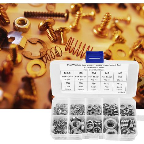 Assortiment de 260 rondelles plates en acier inoxydable (rondelles élastiques) M2.5 M3 M4 M5 M6 M8 M10 (1/5)