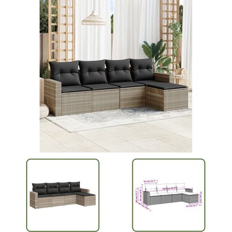 The Living Store 5-tlg. Garten-Sofagarnitur mit Kissen Hellgrau Poly Rattan - Gartensofas - Outdoor Möbel - Gartenmöbel Set - Lounge Sofa - Rattan Gartenmöbel (1/3)