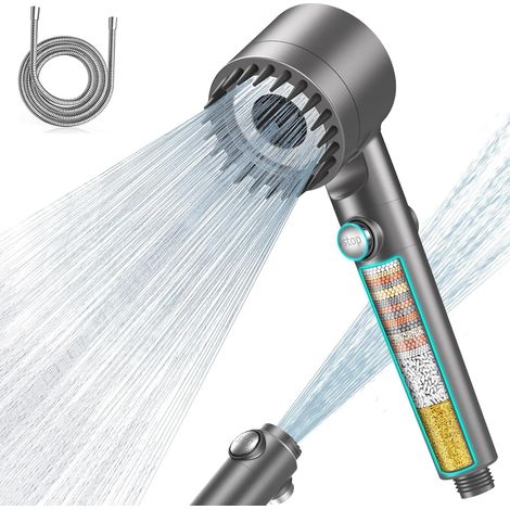 Shower Head with Filter 15 Steps, Anti-Limescale Shower Head with 1.5M Hose, Shower Filter 3+1 Spray Modes High Pressure Shower Head
