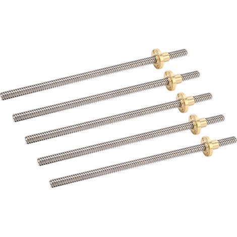Lot de 5 vis à billes T8, pas de 2 mm, longueur de 8 mm, tige filetée de 200 mm pour mouvement linéaire, avec écrou en laiton pour imprimante 3D