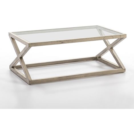 Table basse verre et bois massif peint gris voilé 120cm