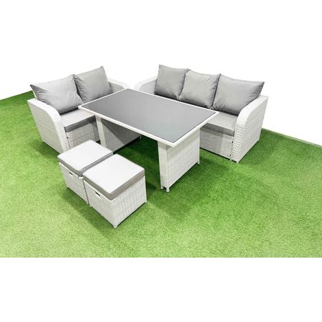 Fimous Garden Furniture Set PE Ratten Garden Sofa Set with Rectangular Dining Table 2 Small Stools Light Grey (1/4)