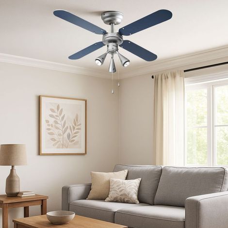 Ventilatore da soffitto a LED a fune ventilatore avanti/indietro a pale reversibili, faretti mobili, grigio argento/blu navy, 3x LED 4,5W 400Lm bianco caldo, P 102 cm
