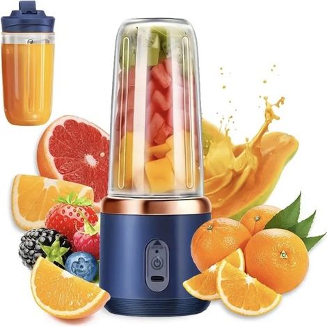 Tragbarer 400-ml-Standmixer – Mini-Entsafter – Smoothie-Maker – Doppelbecher – Fruchtsaftmaschine – USB-aufladbar – Blau