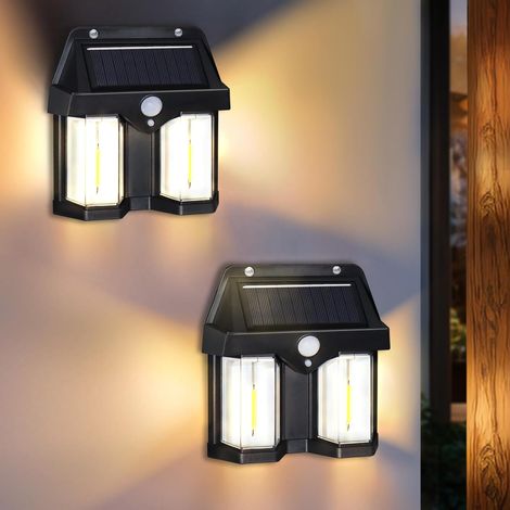 Lot de 2 appliques solaires murales avec 3 modes d'éclairage, détecteur de mouvement, pour l'extérieur, idéales comme lampe de sécurité pour clôture, jardin, terrasse ou cour. (1/5)