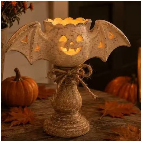 3er-Set Halloween-Kerzenhalter aus Harz – Kürbis und Fledermaus, festliche Innendekoration für Tisch und Kamin-lsw