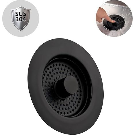 Bouchon Evier Cuisine, Bouchon Evier avec Un Set Combiné Filtre Evier Cuisine, INOX Pur,Anti-Colmatage, Anti-Odeur,Grille Evier Cuisine-Profondeur de L'éVier 22mm (Noir) (1/5)