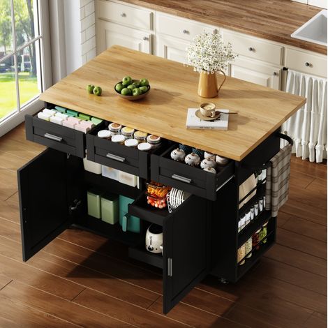 Isla de cocina móvil con encimera plegable, MDF, 120 x 70 x 84 cm, Negro Natural (1/5)