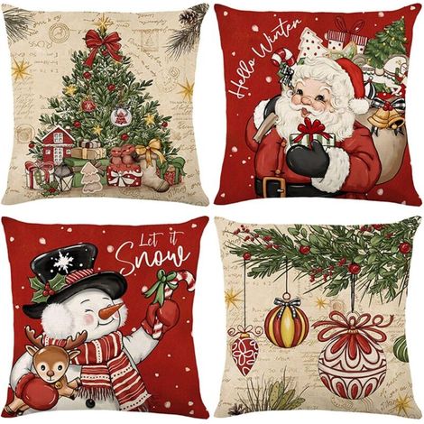 Taies d'oreiller rouges de Noël - Bonhomme de neige et Père Noël, idéales pour décorer un canapé, un salon, etc. - 45 × 45 cm, lot de 4 (1/5)