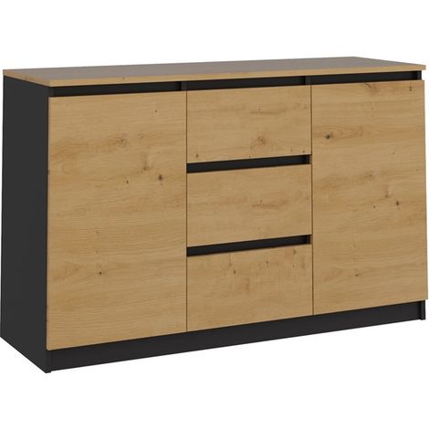 Cómoda moderna de antracita/roble artesanal - 2 puertas, 3 cajones, 120 cm - Perfecta para el salón, el dormitorio y la habitación infantil. (1/5)