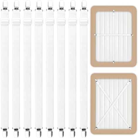 Bed Sheet Tensioners, Pack of 8, (65 cm - 220 cm), Elastic Bed Sheet Tensioners, White Adjustable Fitted Sheet Tensioners, Sheet Tensioners with Metal Clips for Bedding, Bed Sheet, Mattress, Ironing (1/5)
