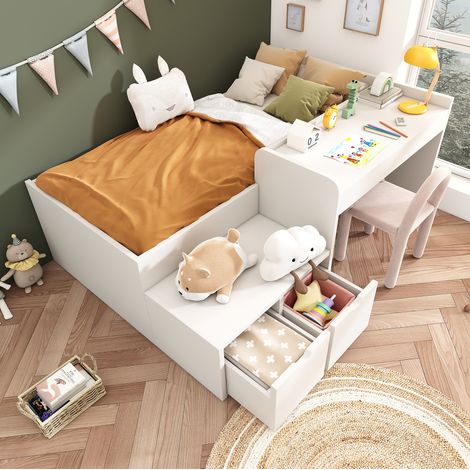 Cama infantil 90x200 cm blanca de madera y MDF - con escritorio y 2 cajones (1/5)