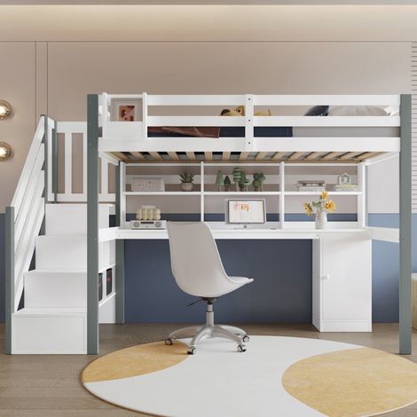 Lit mezzanine 90x200cm - Lit Enfant avec Bureau XXL, Étagères, Armoire et Escalier de Rangement - Pin et MDF - Blanc et Gris (1/5)