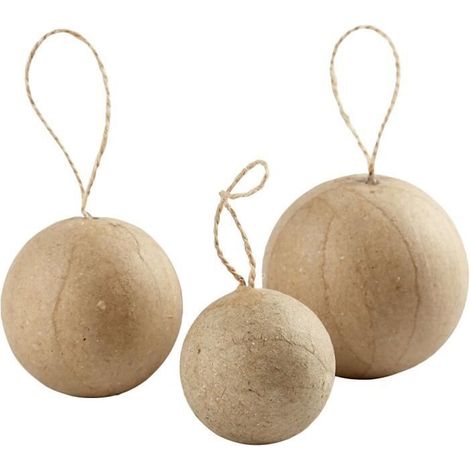 Boules rondes fait main en papier mâché de 3 tailles avec ficelle de jute pour suspendre. réf 510313
