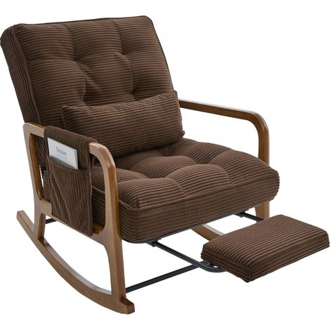 Sillón mecedora de pana marrón con reposapiés, respaldo ajustable y bolsillo lateral (1/5)