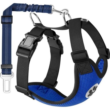 Blue dog harness, size M, chest circumference: 54.6 to 68.6 cm, 1 adjustable safety strap, breathable fabric with car connector. (1/4)
