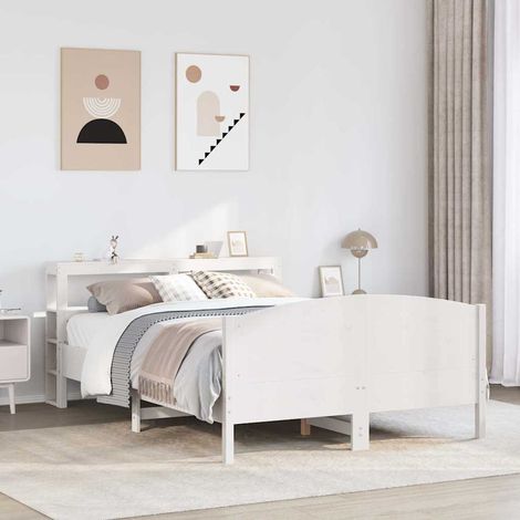 Cadre de lit 150 x 200 cm avec tête de lit et étagères, pin massif blanc, sans matelas, 47.4kg - PANGIVO (1/5)