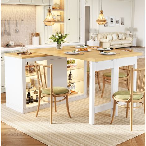 Tavolo isola da cucina allungabile 120-197x40x72 cm con rotazione a 360°, illuminazione a LED RGB, vano portaoggetti, MDF bianco (1/5)