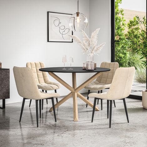 Malvern Round Dining Table And Chairs - Black Table Top w Solid Oak Legs + Nova Velvet Dining Chair Set Of 4 (Beige) (1/5)