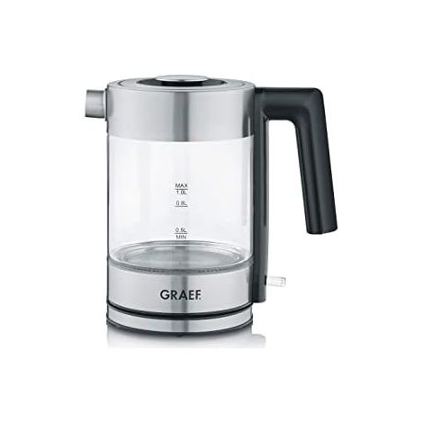 Wasserkocher de Glas GRAEF WK300 - Wasserkocher de 1 Liter, Design de hohe Qualität, Glas SCHOTT DURAN, Edelstahl, LED, brand de Füllhöhe, de Sockel de 360°, Anti-Kalk-Filter, starke 2200 Watt (1/3)