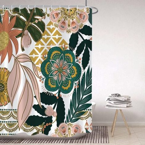 Tenda da doccia in stile boho 180x180 cm con motivo floreale rosa e verde, tenda da vasca antimuffa impermeabile, tenda da bagno in tessuto lavabile (1/3)