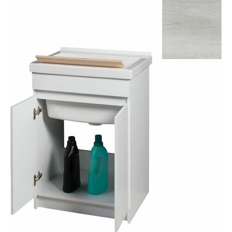 Mobile Lavatoio in Ceramica 2 Ante con Strofinatoio in Legno Massello 60x50x86A cm Olmo Bianco (1/5)