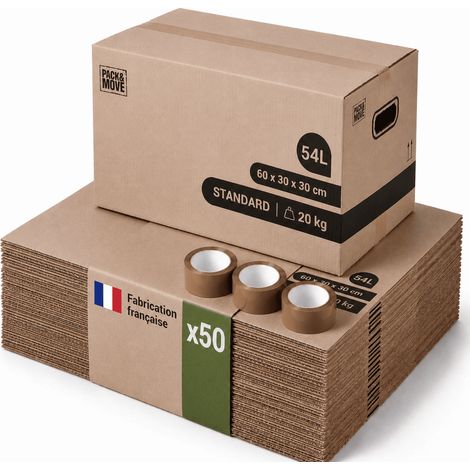 Pack and Move - Lot 50 cartons déménagement stockage standard - 60 x 30 x 30 cm - Poignées renforcées - 3 adhésifs offerts