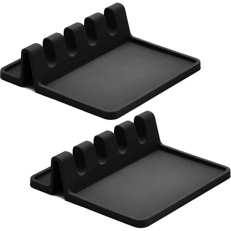 Repose-cuillère en silicone noir pour plaque de cuisson avec coussinet anti-gouttes (lot de deux) - Repose-ustensiles et porte-cuillère résistants à la chaleur et sans BPA pour plan de travail - Grill (1/5)