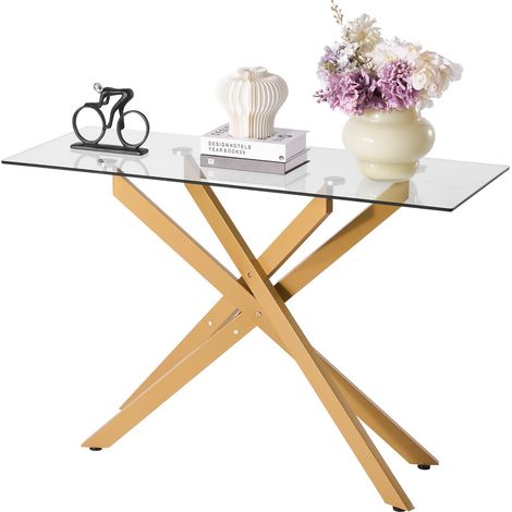 Table Basse en Verre, Bout de Canapé Rectangulaire Moderne avec Plateau en Verre Trempé et Pieds Croisés en Fer, Table d'Appoint avec Patins Antidérapants Réglables, Console Dorée Salon Entrée (1/5)