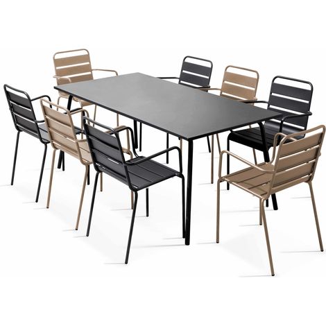 Ensemble table de jardin et 8 fauteuils en métal taupe et gris - Palavas (1/5)