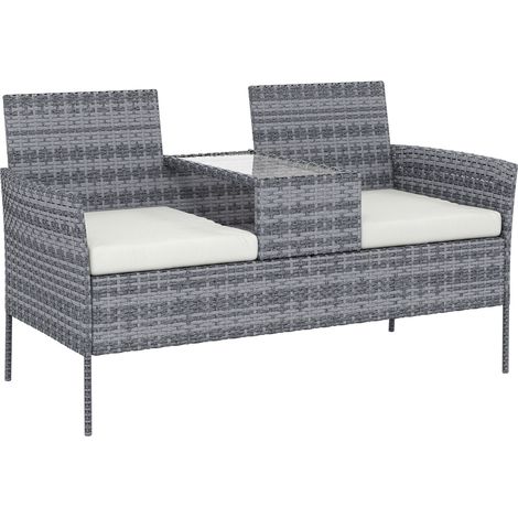 Lot de 2 places banc résine tressée noir avec table et coussins, 135x64x81 cm, idéal balcon terrasse extérieur. (1/5)
