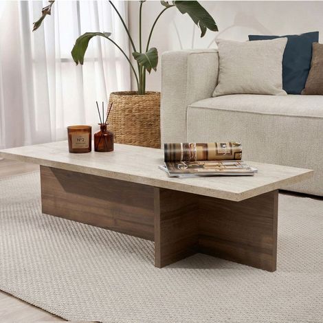 Couchtisch Rechteck Travertin Walnuss Melamin Japandi 120cm