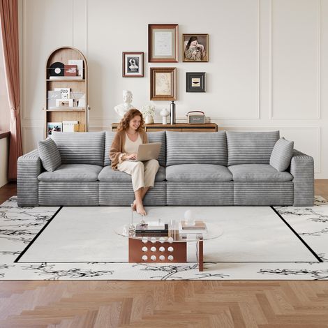 Canapé Cloud de 340 cm en tissu velours côtelé, conception à double couche, revêtement amovible, sans assemblage requis – idéal pour salon, chambre, salle de conférence et appartement, coloris gris fo (1/5)