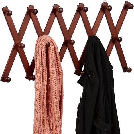 Garderobenständer aus Holz, verstellbare Ablage, 17 Haken, für Jacken, klappbar, braun